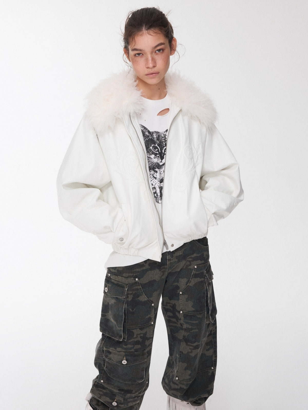 Embossed Faux Leather Puffer Detachable Fur Collar Jacket
