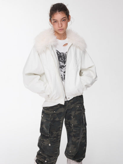 Embossed Faux Leather Puffer Detachable Fur Collar Jacket