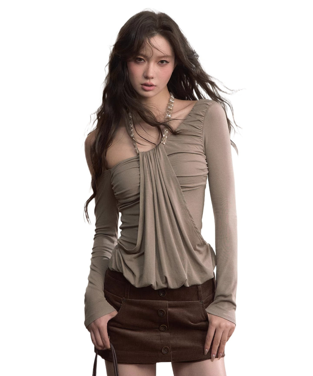 Asymmetric Off-Shoulder Draped Blouse