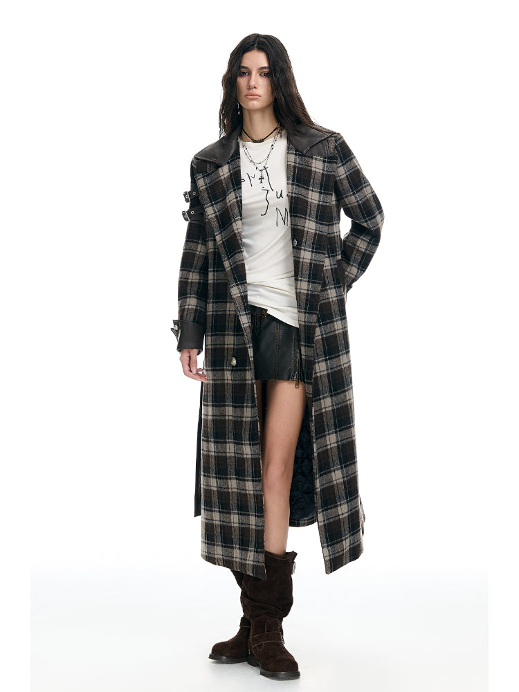 Plaid Patchwork Leather-Trim Quilted Trench Coat