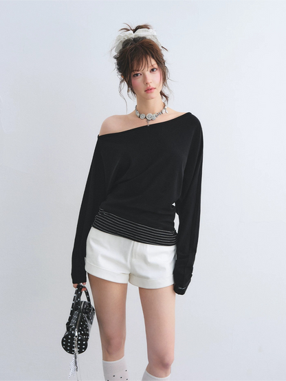 Asymmetric Batwing Sleeve Striped Tie-Hem Long Sleeve Top