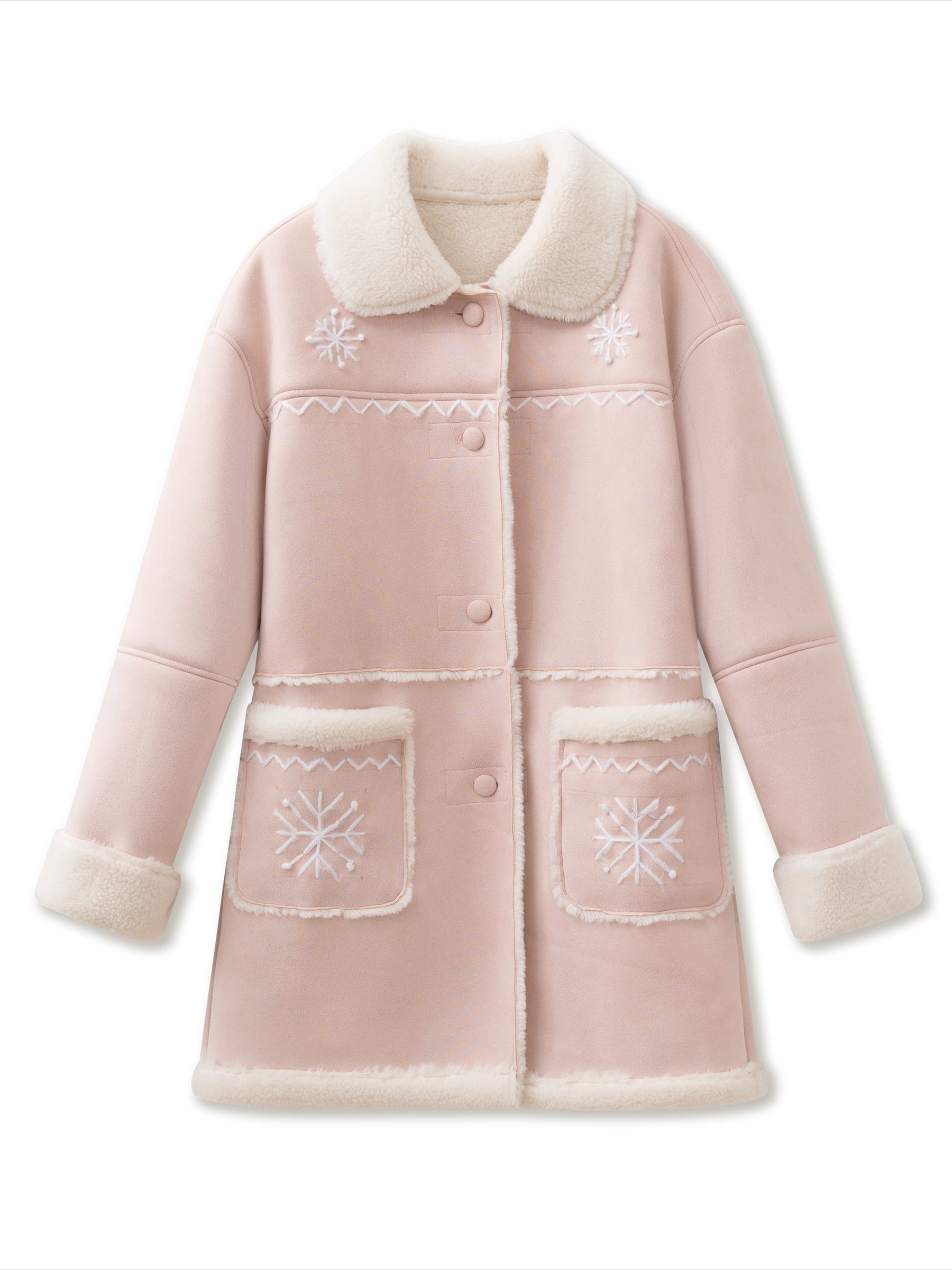 Pink Snowflake Embroidered Faux Shearling Coat