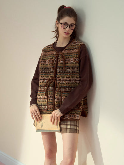 Mocha Fair Isle Reversible Tie-Front Shearling Vest