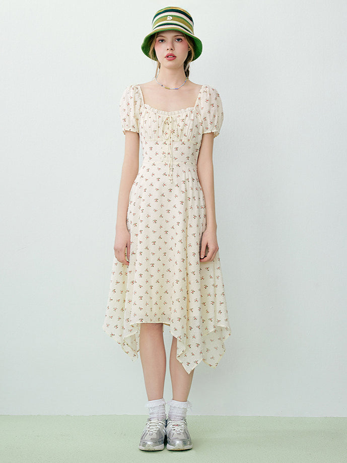 Beige Floral Square-neck Puff Sleeve Dress