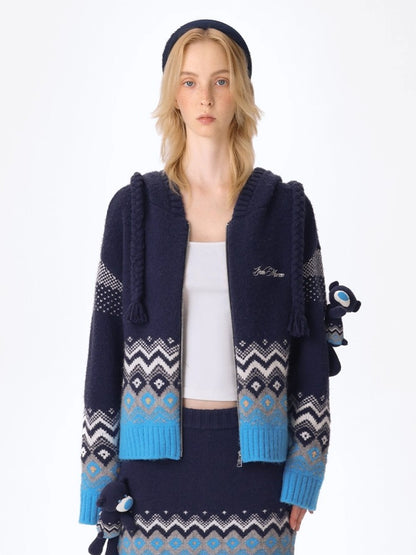 Contrast Zip-Up Hooded Knit Cardigan