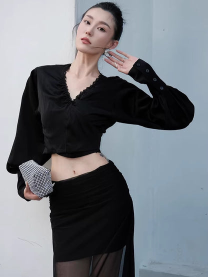 Convertible Ruched V-Neck Acetate Blouse