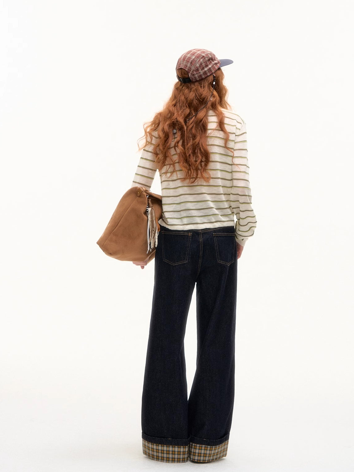Plaid Cuff Wide-Leg Jeans
