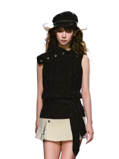 Vintage Sequin Cable Knit Collared Vest