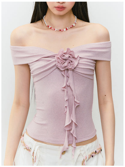 3D Rose One-shoulder Short-sleeve T-shirt