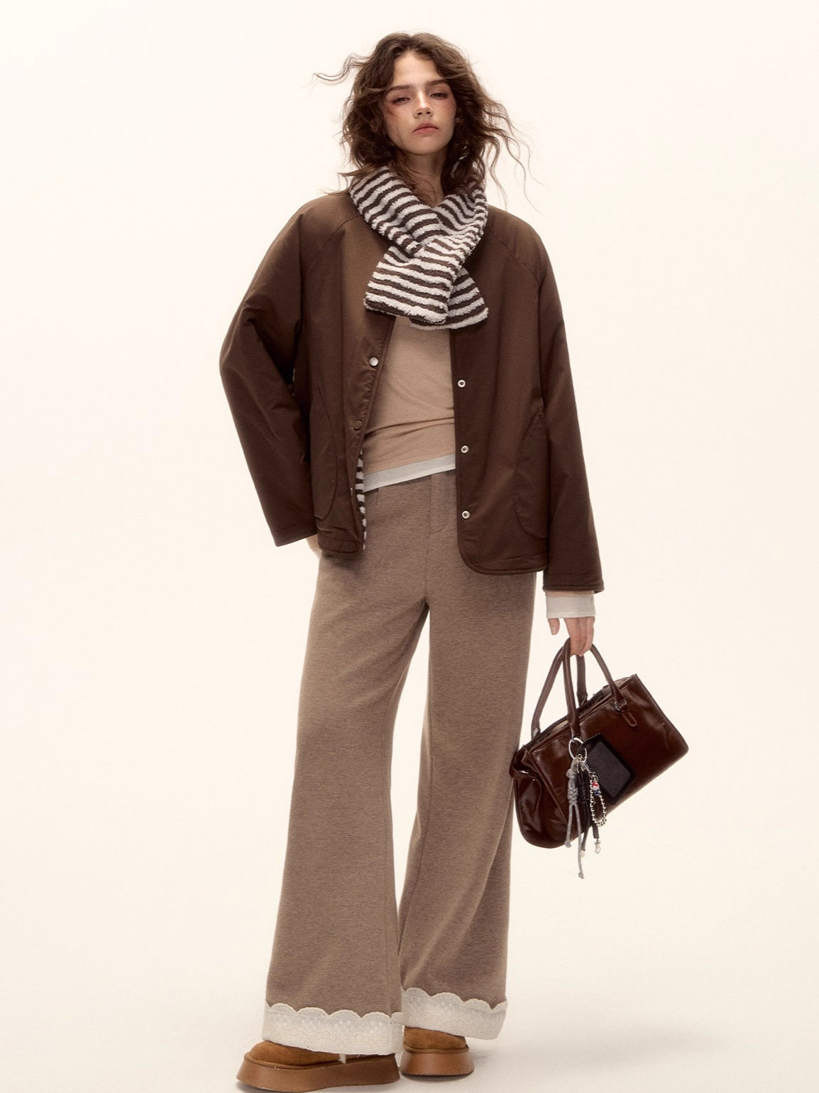 Reversible Striped Faux Scarf Detail Shearling Jacket