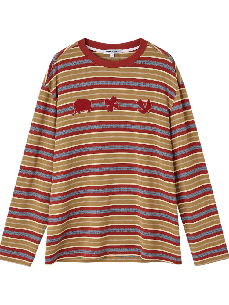 Color-Block Applique Embroidered Striped Long-Sleeve T-Shirt - CHINASQUAD