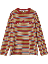 Color-Block Applique Embroidered Striped Long-Sleeve T-Shirt - CHINASQUAD