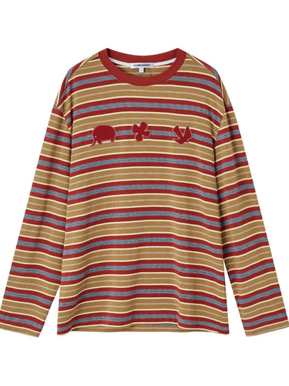 Color-Block Applique Embroidered Striped Long-Sleeve T-Shirt - CHINASQUAD