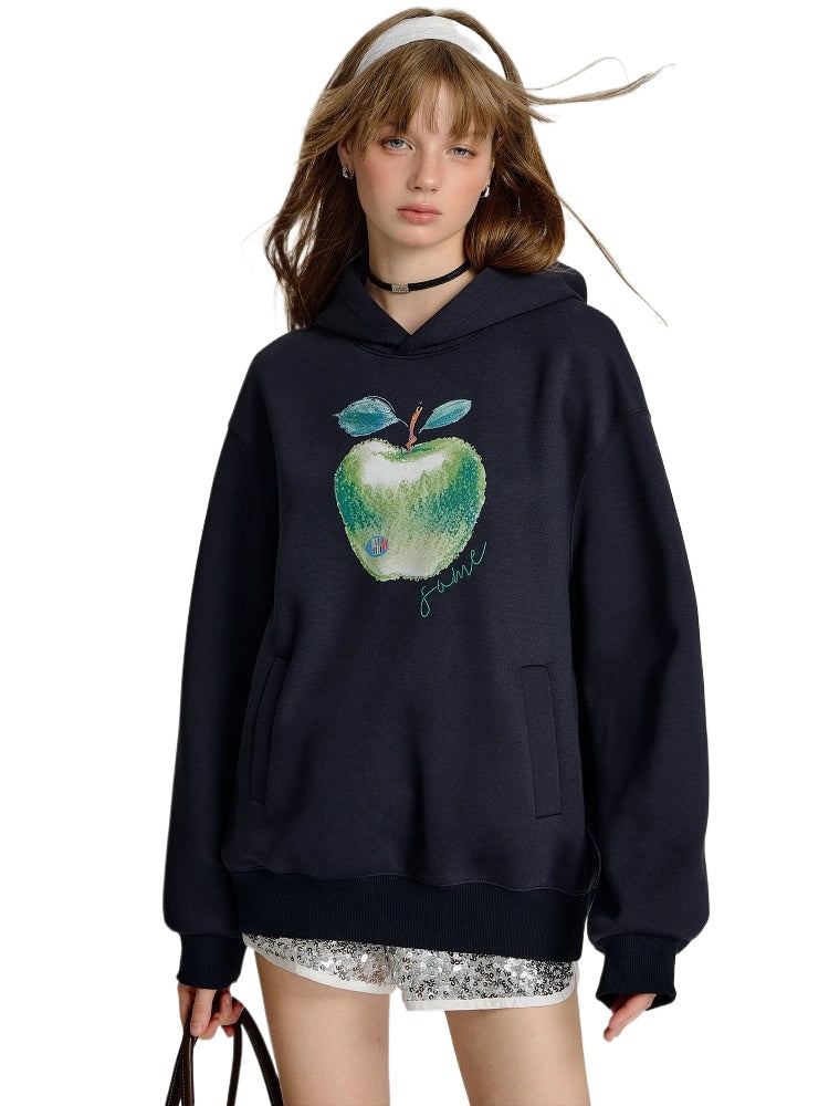 Light Gray &amp; Navy Blue Green Apple Print  Hoodie