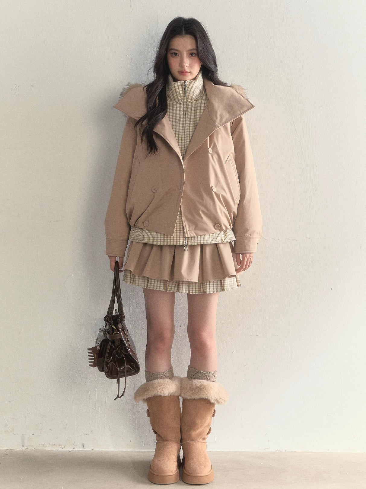 Khaki &amp; Pink Double-Breasted Layered Down Jacket