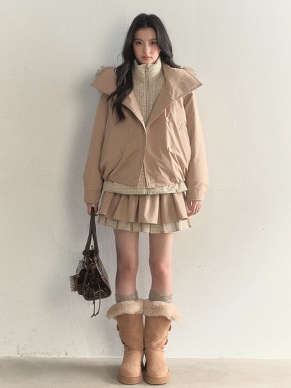Khaki &amp; Pink Double-Breasted Layered Down Jacket
