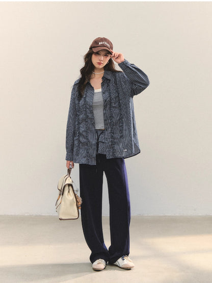 Plaid Ruffle Pleated Loose Long-Sleeve Shirt