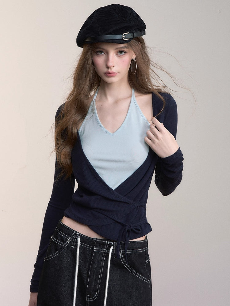 Fake Two-Piece Color-Blocked Strappy T-Shirt - CHINASQUAD