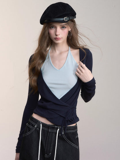 Fake Two-Piece Color-Blocked Strappy T-Shirt - CHINASQUAD