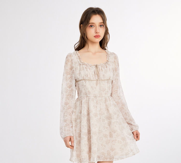 Apricot Floral Ruffle-trim Square-neck Long Sleeve Dress