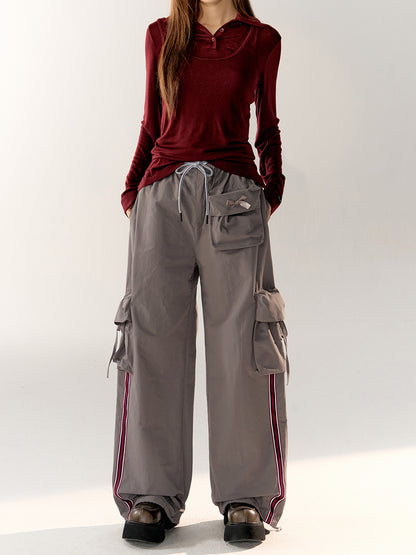 Striped Tape Drawstring Loose Wide-Leg Pants