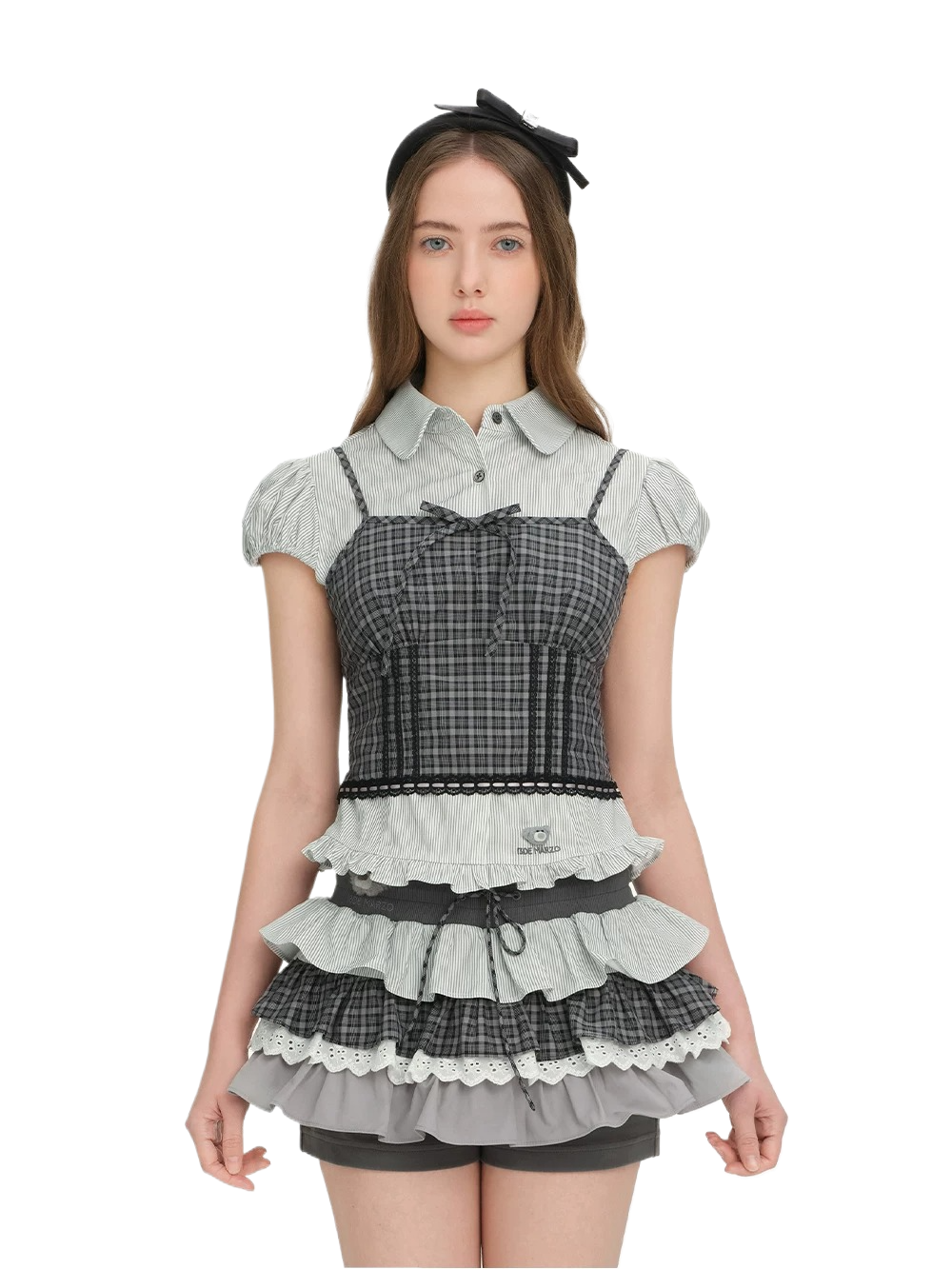 13DE MARZO Layered Puff Sleeve Corset Shirt Top