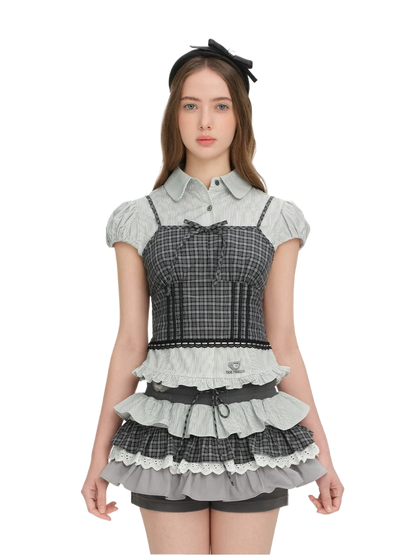 13DE MARZO Layered Puff Sleeve Corset Shirt Top