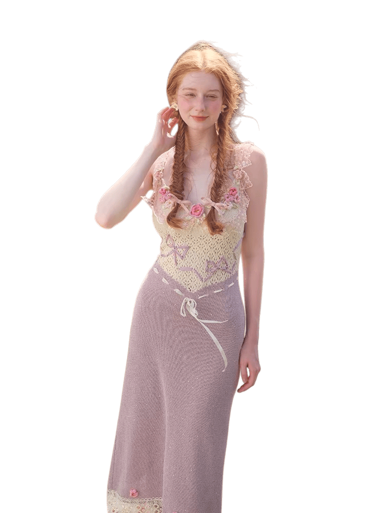 Vintage Crochet-Detail Purple Knit Slip Dress