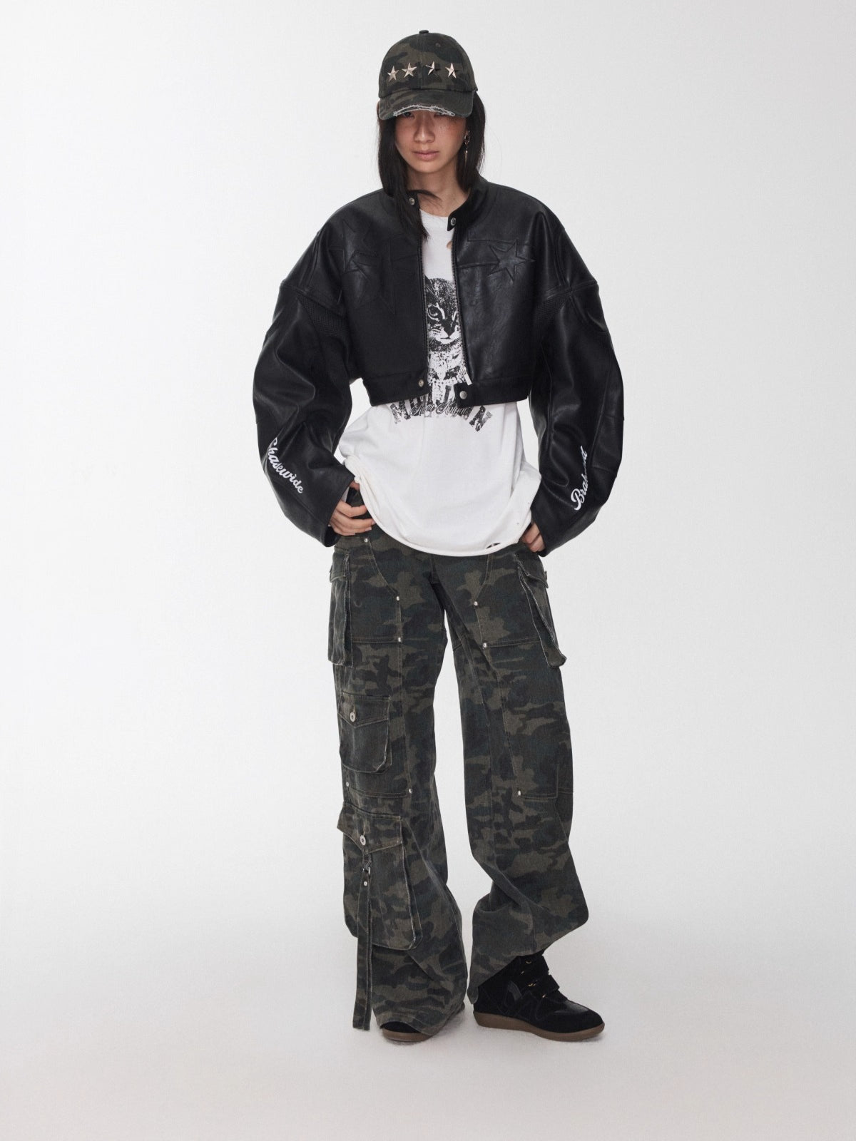 Washed Camouflage Multi-Pocket Cargo Wide-Leg Pants