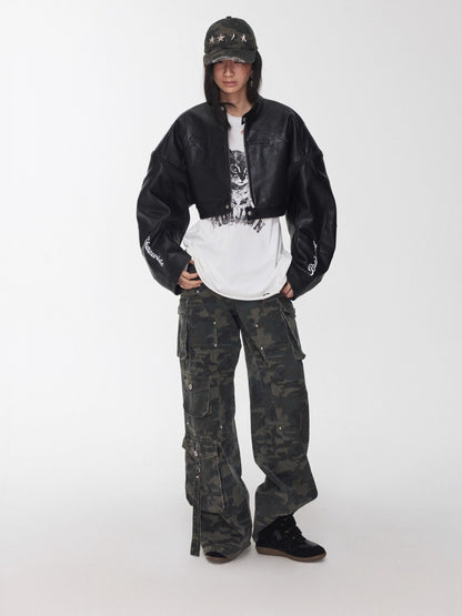 Washed Camouflage Multi-Pocket Cargo Wide-Leg Pants