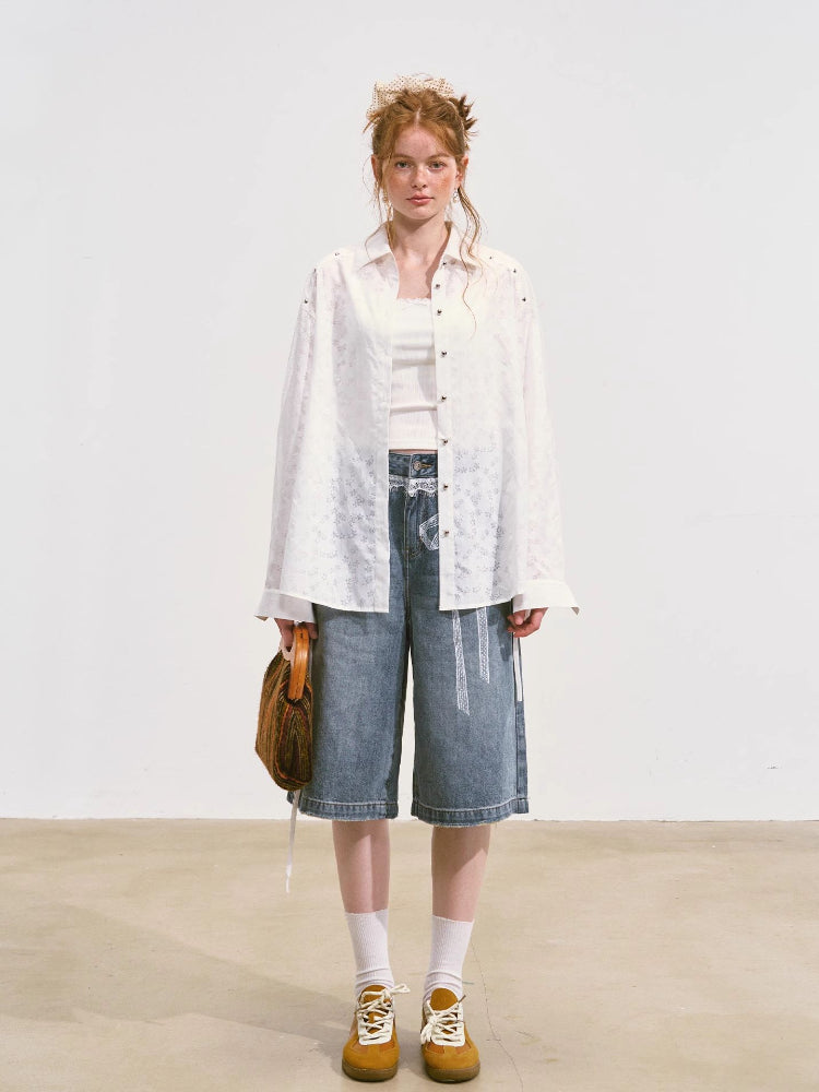 Imitation-Lace Printed High-Waist Denim Mid-Length Pants