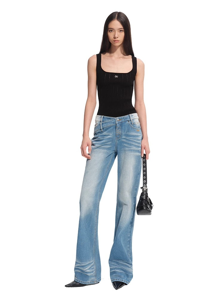 +5CM N2  Loose V-Waist Raw Denim Straight Jeans