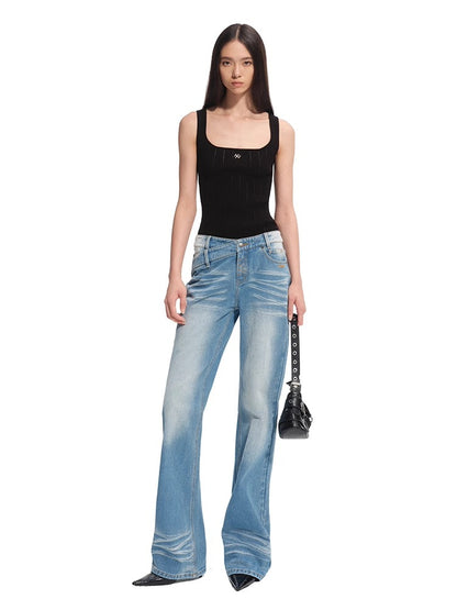 +5CM N2  Loose V-Waist Raw Denim Straight Jeans - CHINASQUAD