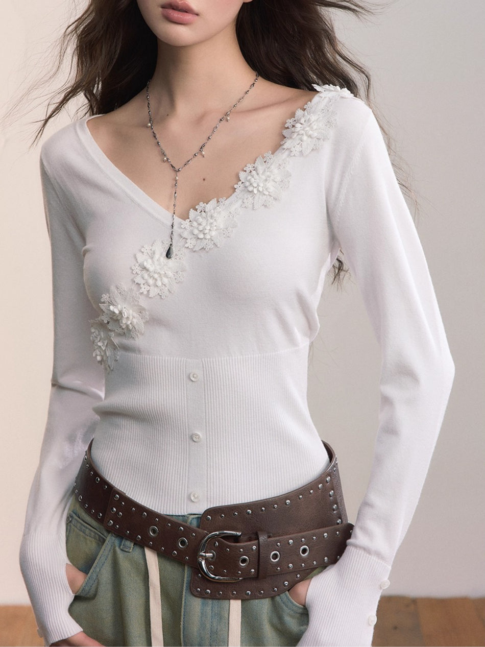 3D Floral Appliqué Ribbed Fitted T-Shirt