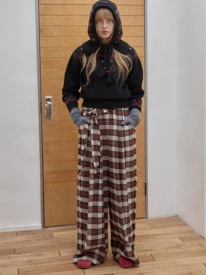 Vintage Red Plaid Brushed Cotton Wide-Leg Pants
