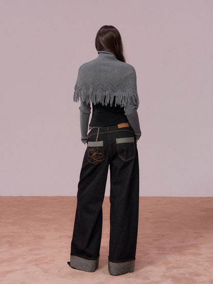 High-Neck Knit Top Fringe Cape Set