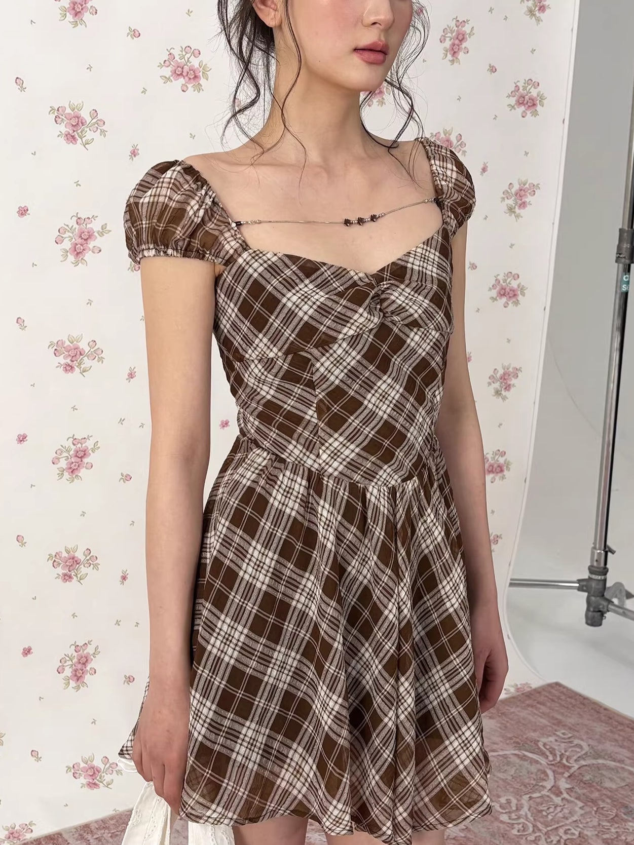 Vintage Plaid Puff Sleeve A-Line Mini Dress