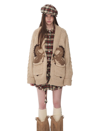 Pony Jacquard Horn-Button Chunky Cardigan