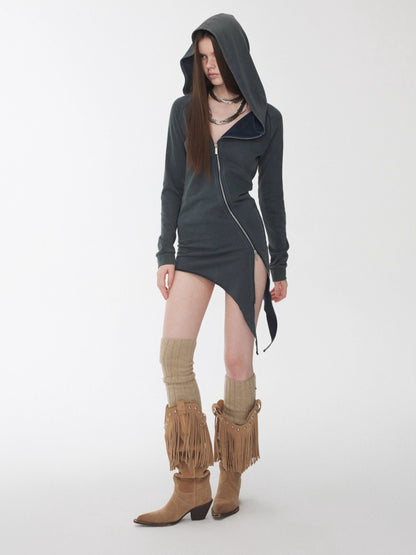 Washed Rhinestone Studded Deconstructed Hoodie Dress