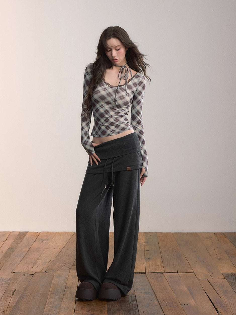 Folded Waist Skirt-Hem Wide-Leg Sweatpants