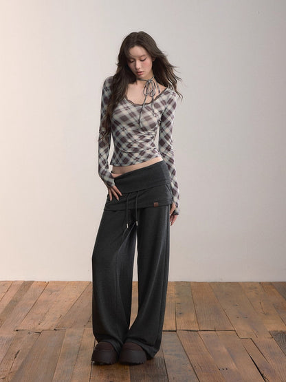 Folded Waist Skirt-Hem Wide-Leg Sweatpants