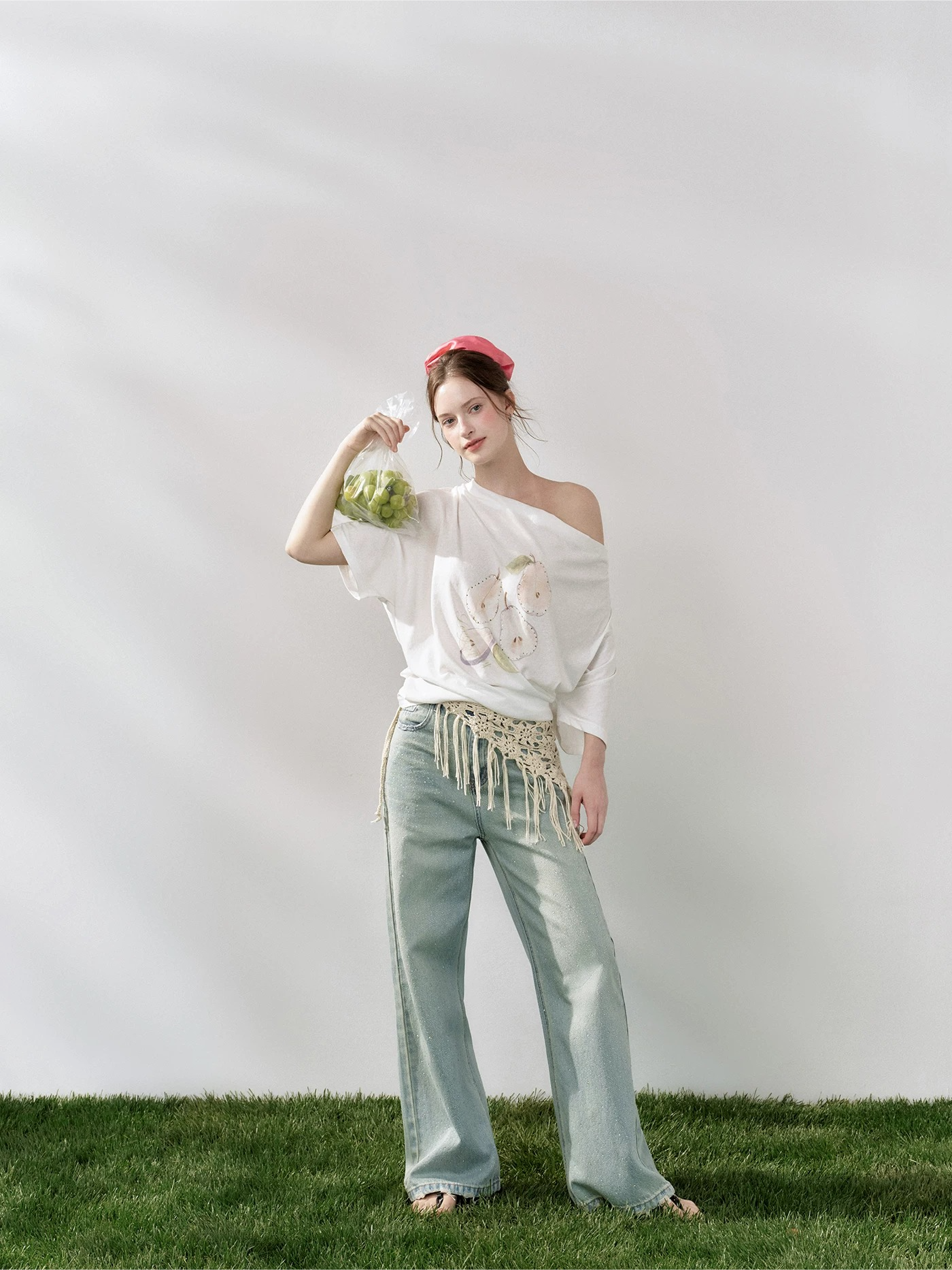 Pear Embellished Draped Off-Shoulder Relaxed T-Shirt