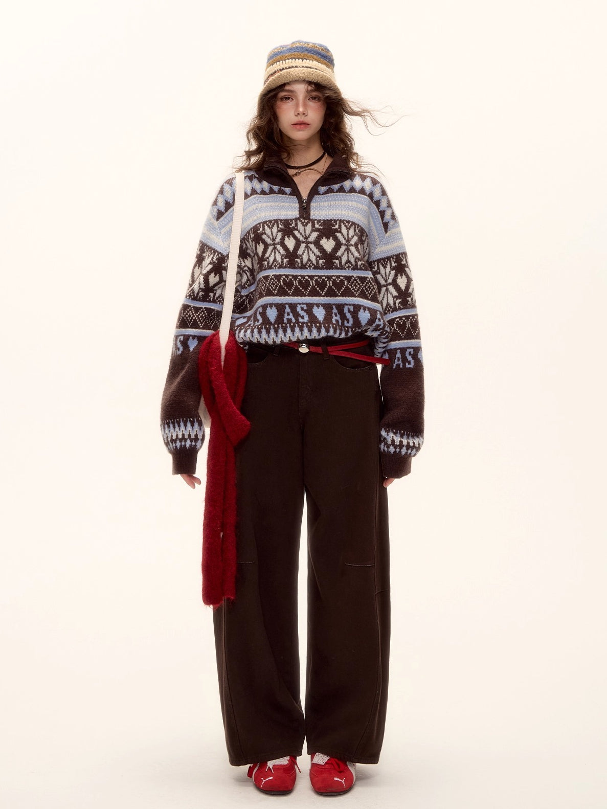 Vintage Fair Isle Half-Zip Fringe Hem Sweater