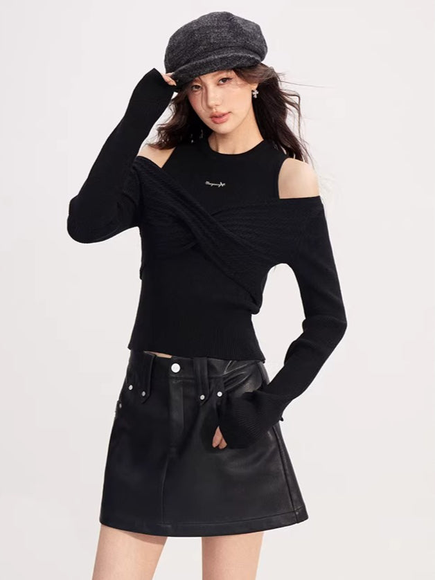 Bow Cable-Knit Vest Long-Sleeve Two-Piece Set