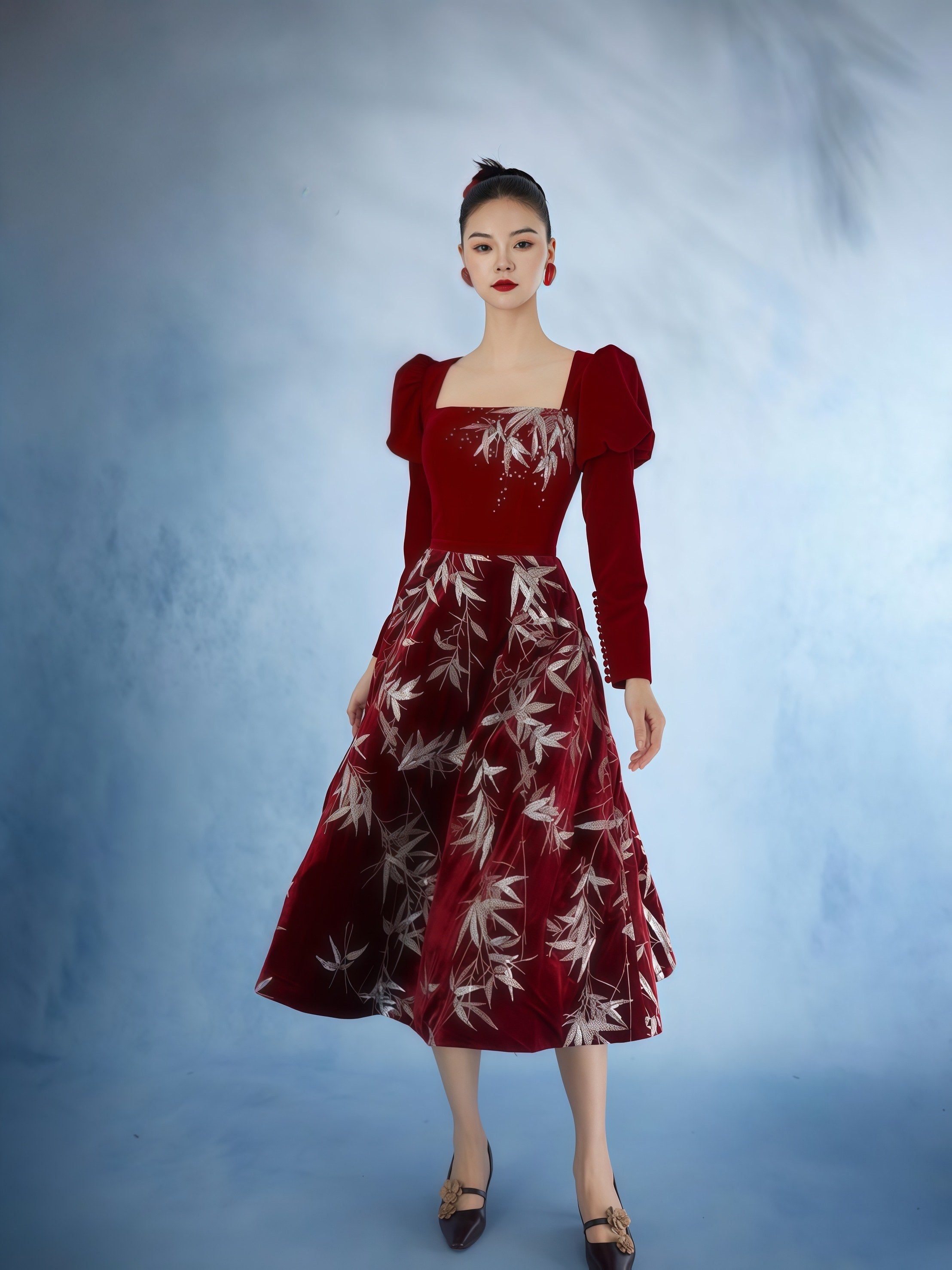 Crimson Bamboo Embroidered Midi Dress