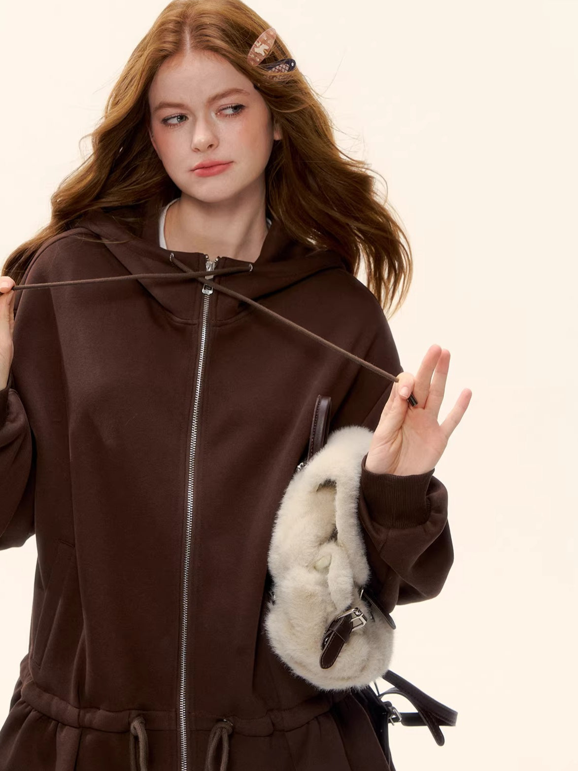 Sculpted Drawstring Cocoon Fleece Hoodie Jacket