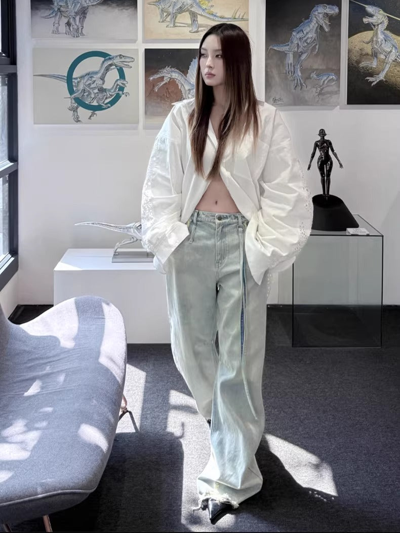 Embroidered Panel Oversized Cotton Shirt