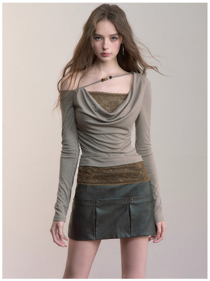 Fake Two-Piece Lace Off-Shoulder Beaded T-Shirt