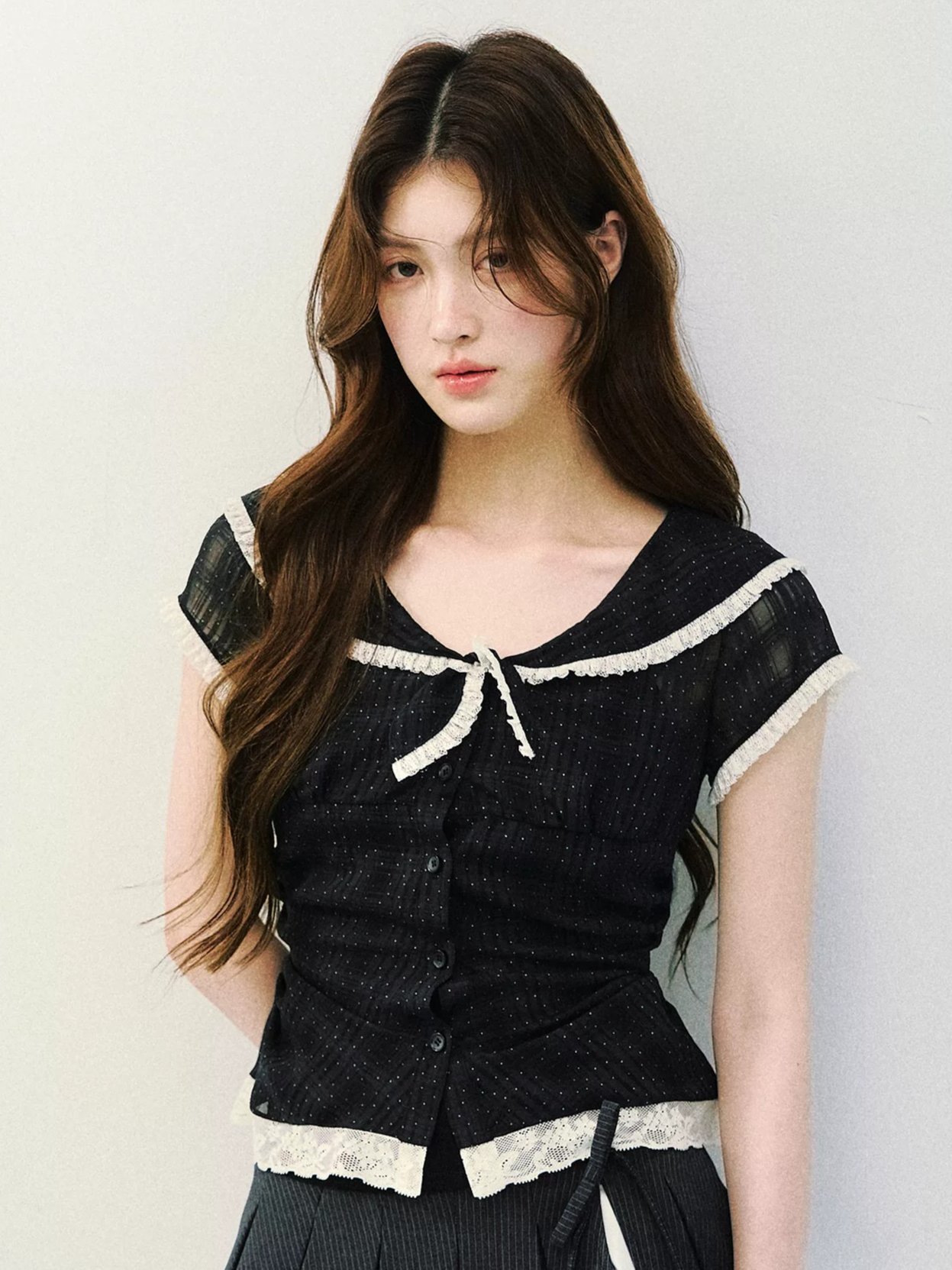 Vintage Sheer Polka Dot Sailor Collar Blouse
