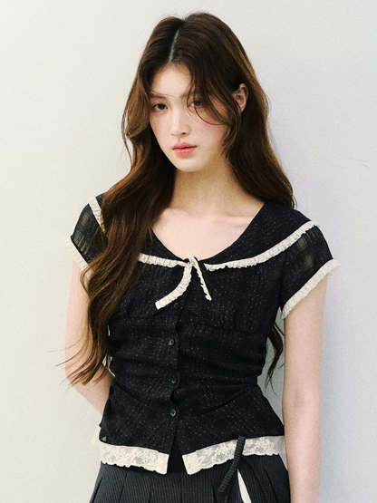 Vintage Sheer Polka Dot Sailor Collar Blouse